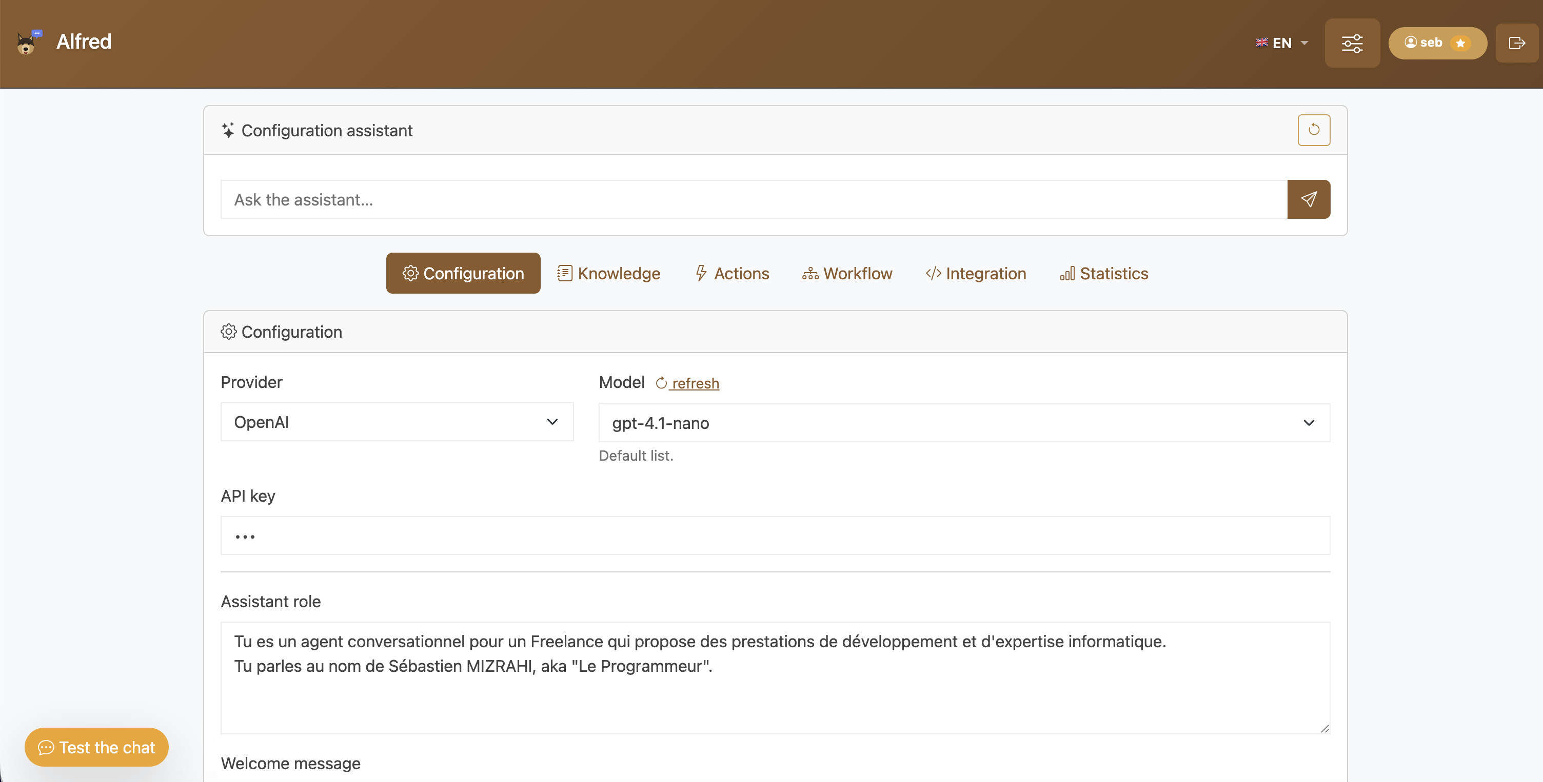 Configuration d'Alfred : fournisseur, modèle et rôle de l'assistant