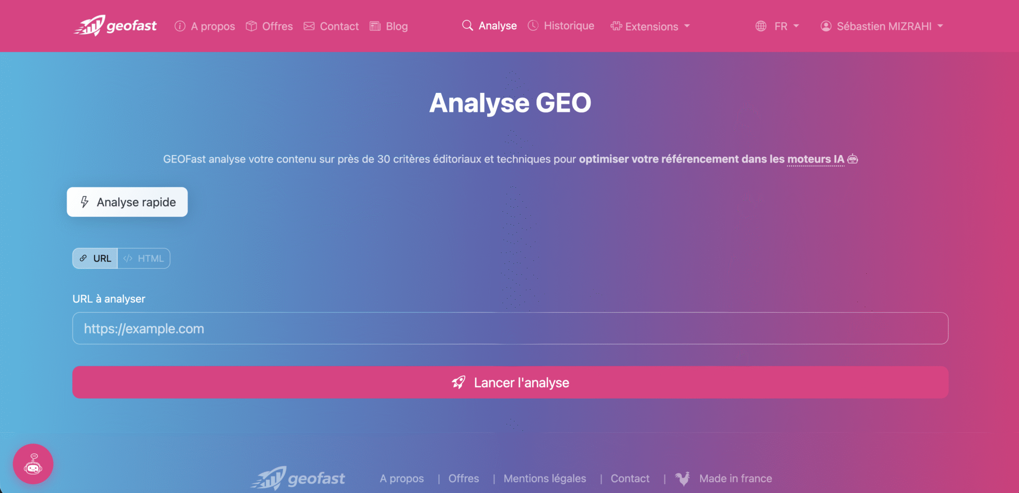 Interface de l'outil d'audit GEO GeoFast