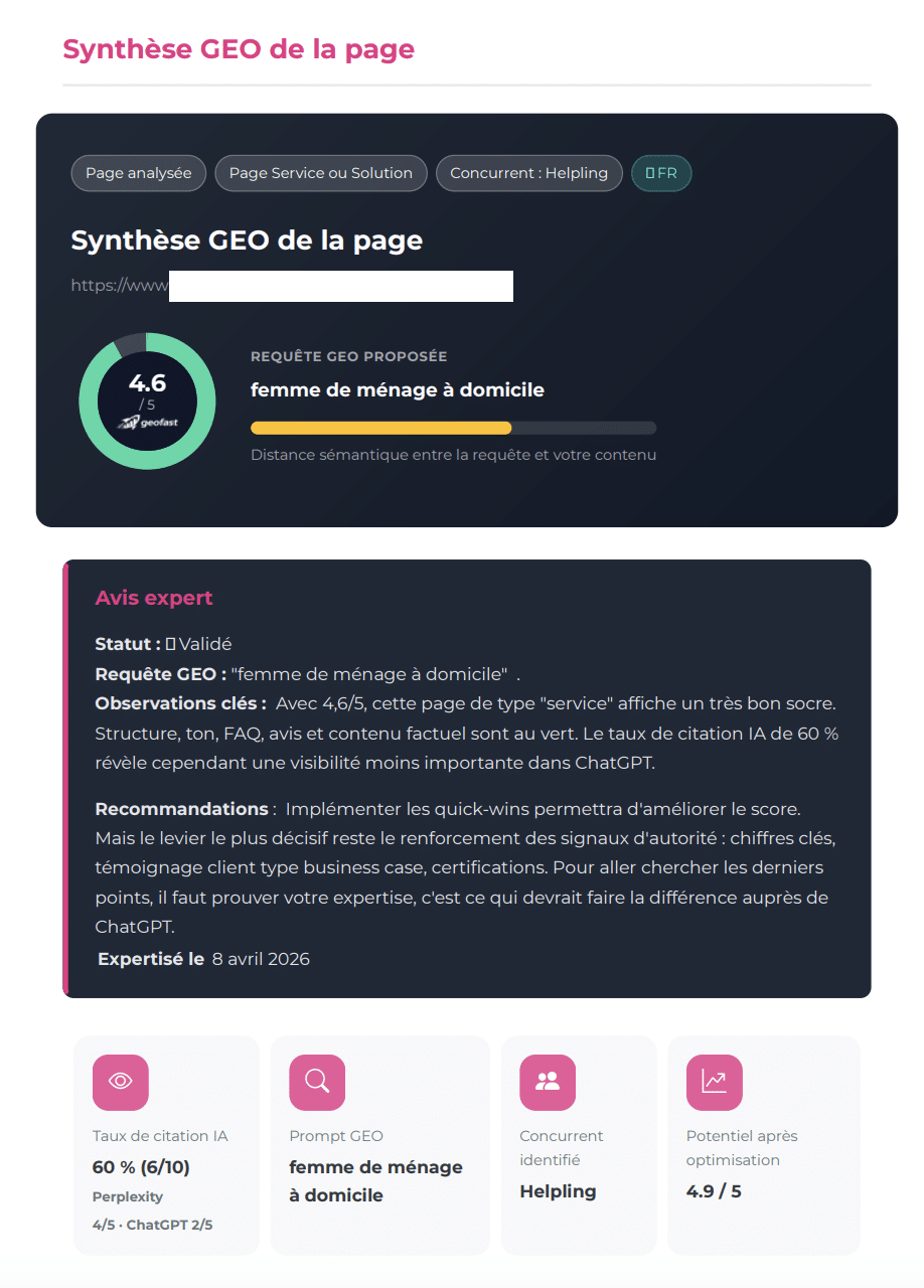 Synthèse d'un audit GEO généré par GeoFast